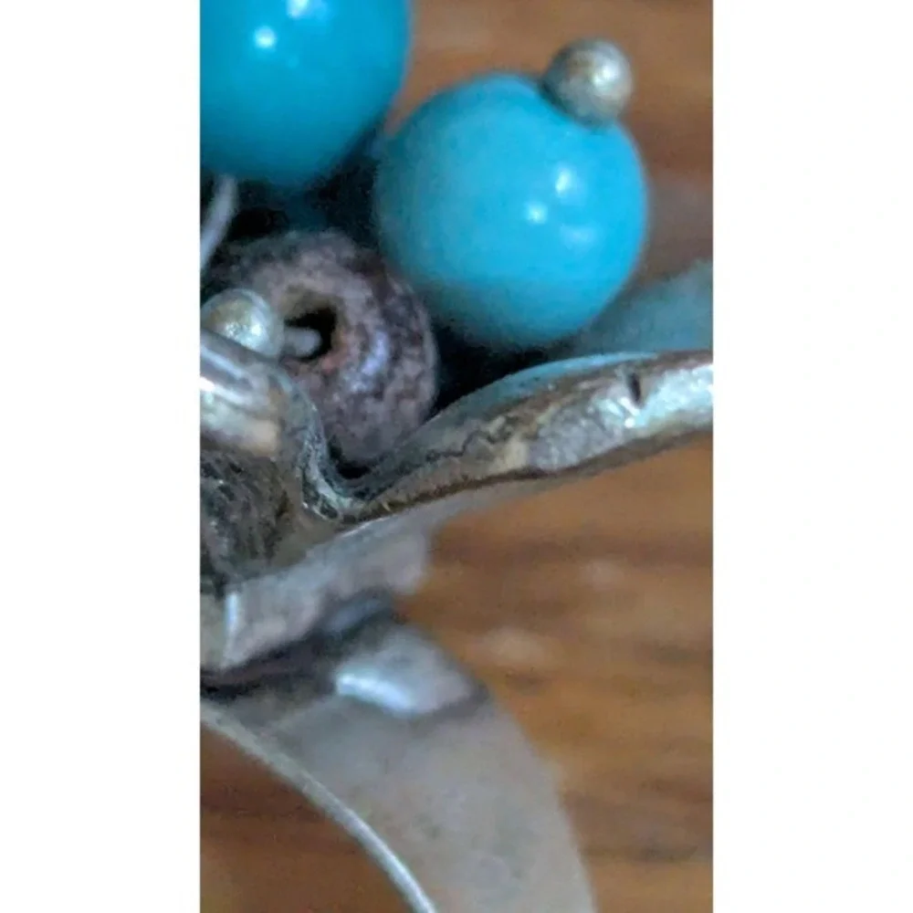 Vintage Silver Tone Flower Ring Faux Turquoise Beads Adjustable‎ Statement Ring